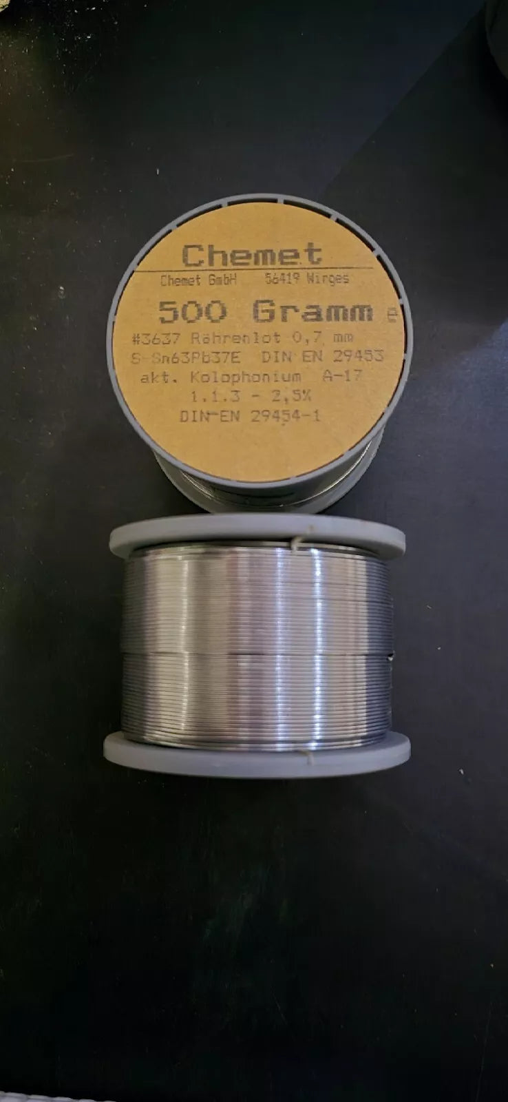 1X 500g Chemet LÖTZINN RÖHRENLOT m. Kolophonium Sn63Pb37E 0,7mm Rolle