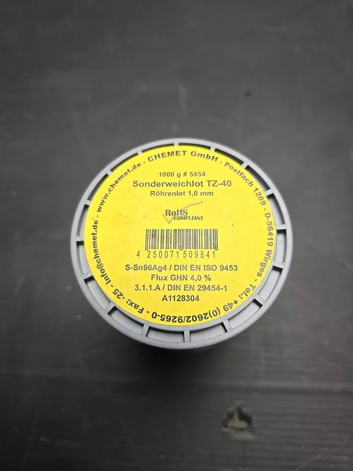 Chemet Weichlot 217 Lötzinn 1kg S-Sn96Ag4 TZ-40 Silberlot 1mm JUWELIER