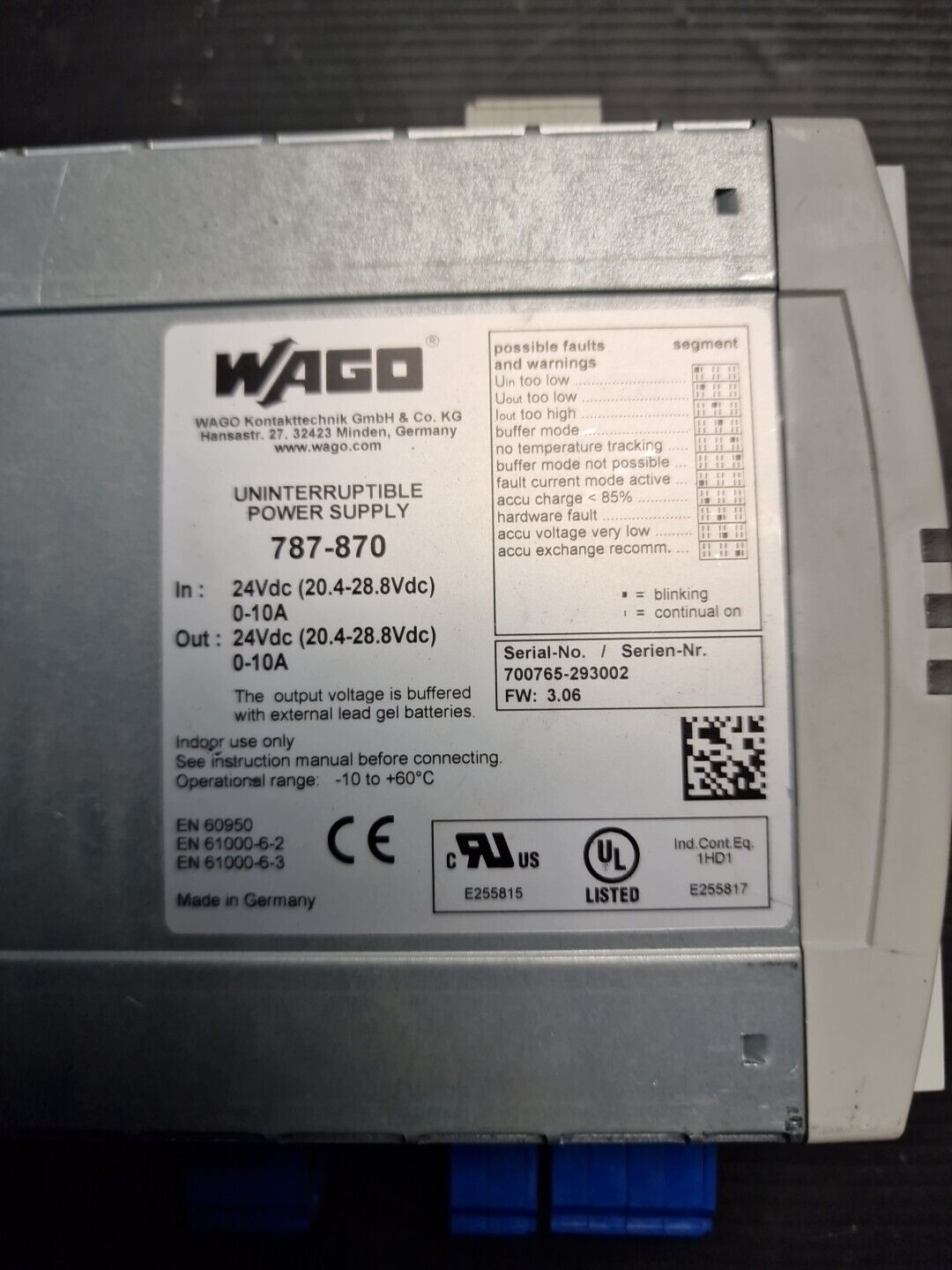 WAGO 787-870 USV Lade-Kontrolleinheit Power SUPPLY 24VDC + Akku 787-876