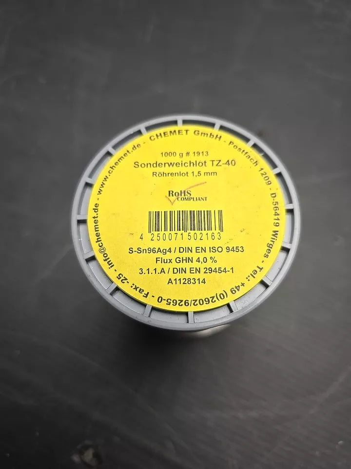 Chemet Weichlot 217 Lötzinn 1kg S-Sn96Ag4 TZ-40 Silberlot 1,5mm JUWELIER