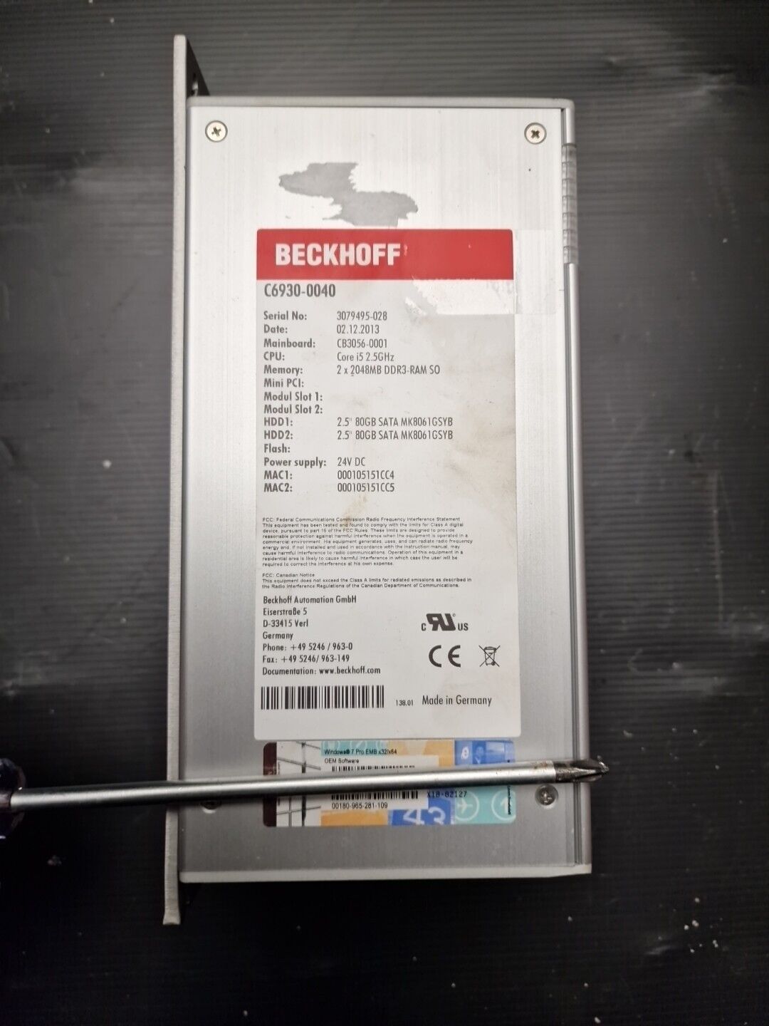 BECKHOFF IPC PLC C6930 0040 Core i5 2,5GHz 4GB Ram