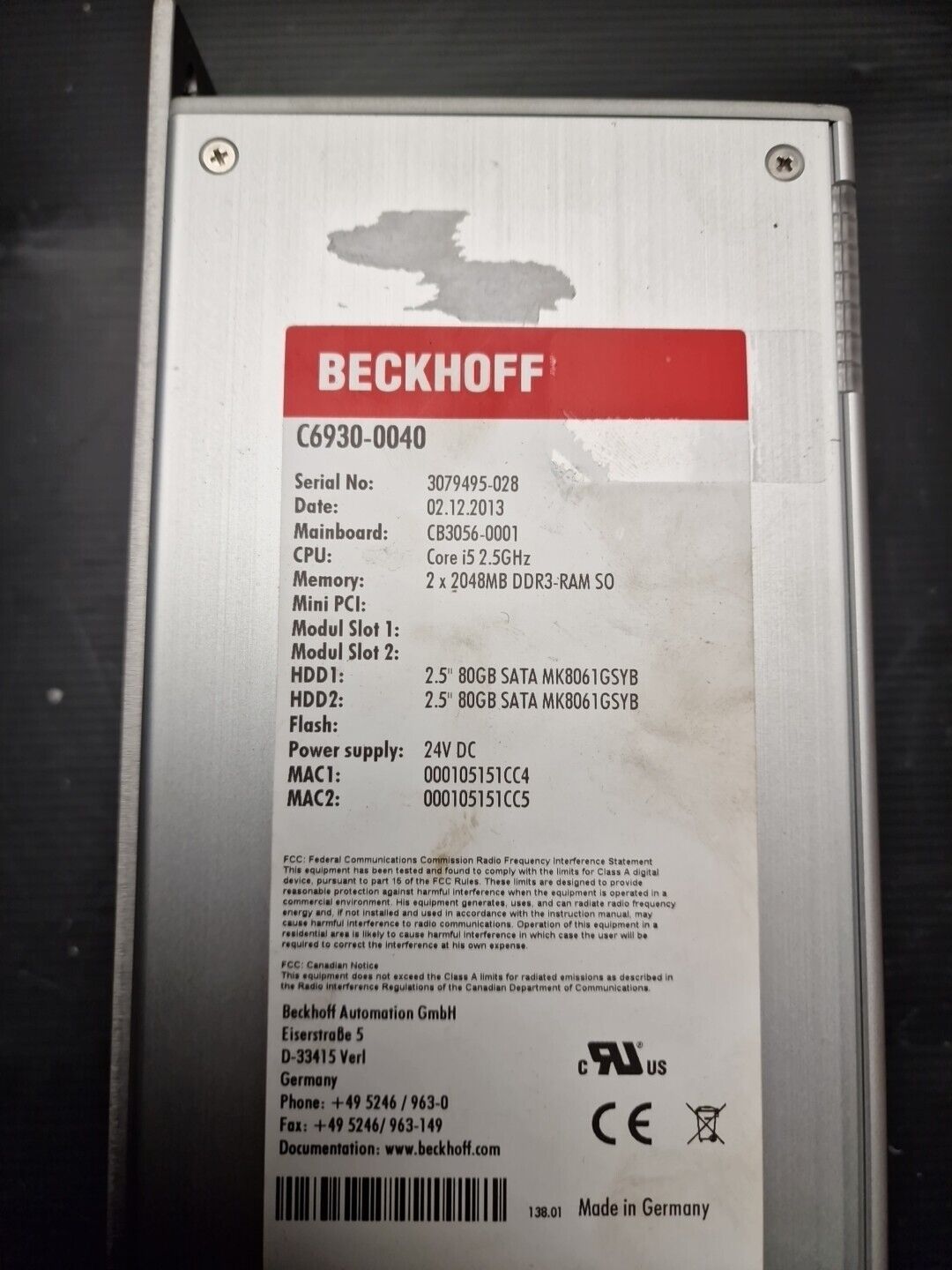 BECKHOFF IPC PLC C6930 0040 Core i5 2,5GHz 4GB Ram